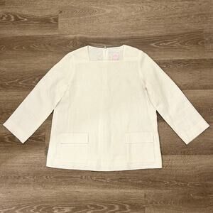Ann Mashburn Linen Top‎ XS Ivory Square Neck Pocket Blouse